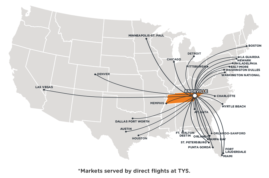 Map of destinations for Knoxville airports